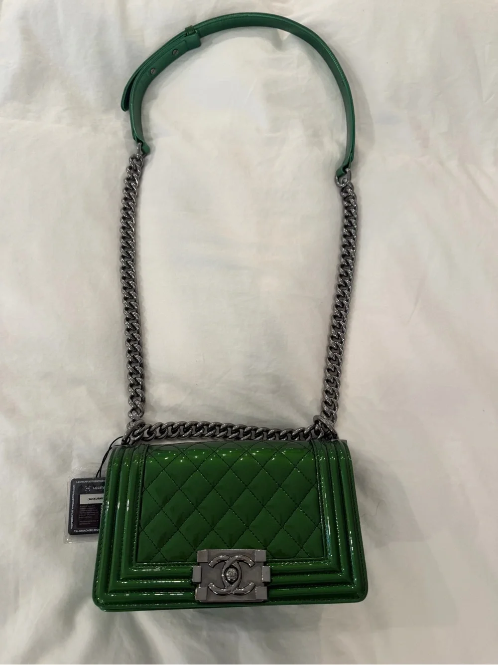 CHANEL Green Quilted Patent Leather Boy Bag with Silver Chain